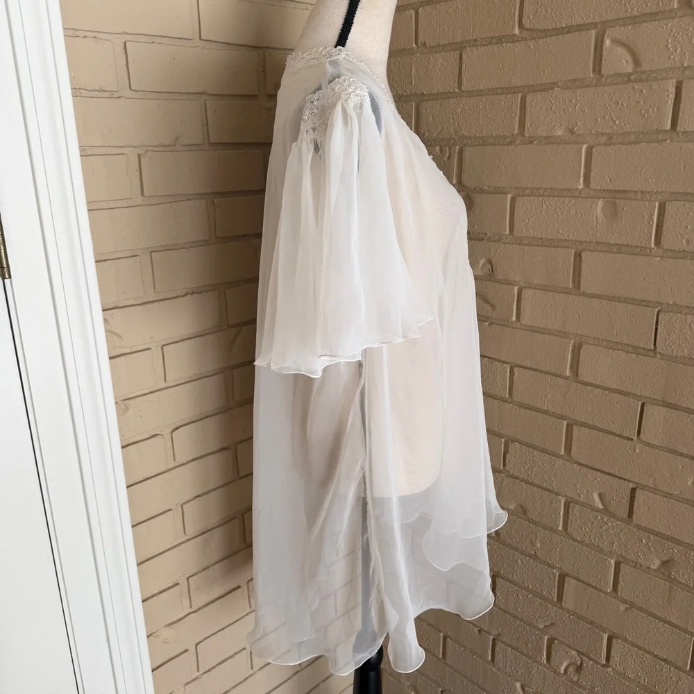 Etienne Vintage Sheer CHIFFON Babydoll Pearls LACE Frilly Wedding Robe 60’s L